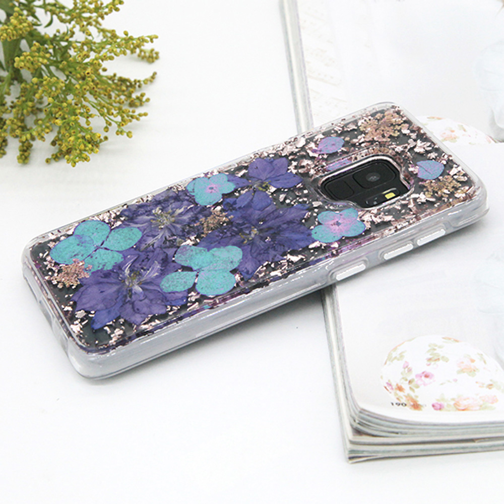 Galaxy S9 Luxury Glitter Dried Natural FLOWER Petal Clear Hybrid Case (Bronze Blue)